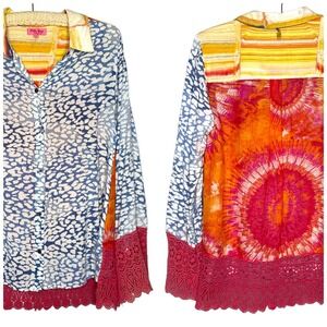 Ruby Yaya Top Small Semi Sheer Crochet Bell Sleeve Colorful Blouse Boho Artsy